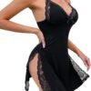 Sexy Split Side Floral Lace Trim Full Slip Night Gown Babydoll Lingerie Dress with Thong 2 piece