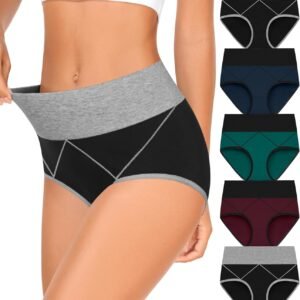 Womens High Waisted Cotton Underwear Full Coverage Soft Double-Layer Waistedband Panties (Regular & Plus Size)