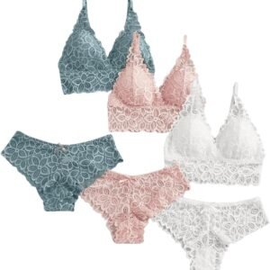 Women's  Bow Floral Lace Lingerie Wireless Padded Bra and Panty Set