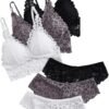Women's  Bow Floral Lace Lingerie Wireless Padded Bra and Panty Set