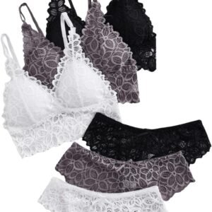 Women's  Bow Floral Lace Lingerie Wireless Padded Bra and Panty Set