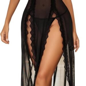 Women Lingerie Lace Babydoll Chemise Sexy Mesh Nightdress V Neck Nightwear Side Split Nightgown