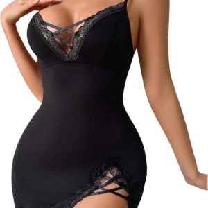 Women Sexy Nightgown Lace Babydoll Chemises V-Neck Modal Sleepwear Full Slip Side Slit Sleep Dress