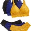 Women's  Bow Floral Lace Lingerie Wireless Padded Bra and Panty Set