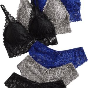 Women's  Bow Floral Lace Lingerie Wireless Padded Bra and Panty Set