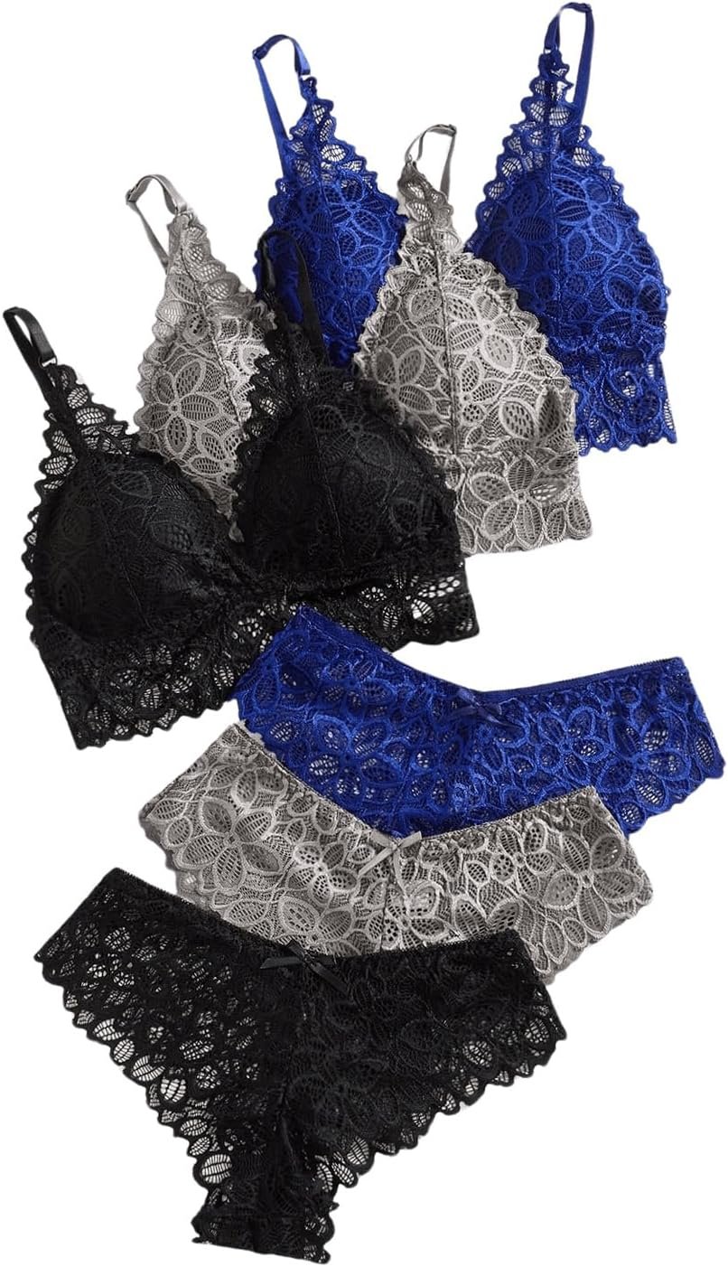 Women's Bow Floral Lace Lingerie Wireless Padded Bra and Panty Set