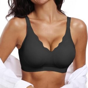 Womens Comfortable Wireless Bras Push Up Seamless Soft V Neck Scalloped Full Coverage Everyday Bra