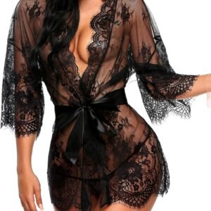 Women's Lace Kimono Robe Babydoll Lingerie Mesh Nightgown
